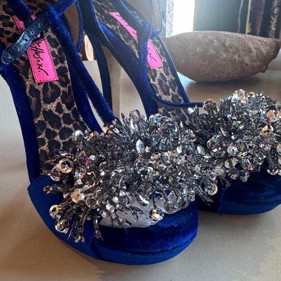 Betsey Johnson Cobalt Blue Velvet Jeweled T-Strap Heels - Picture 4 of 7